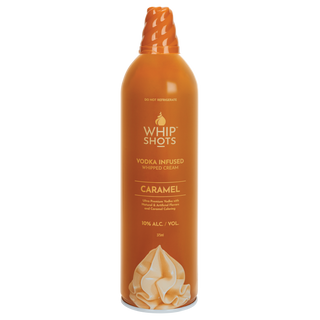 Orange can of Whip Shots Caramel vodka-infused whipped cream on a white background