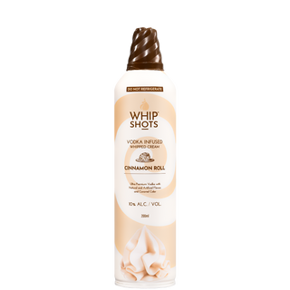 Whip Shots Cinnamon Roll vodka-infused whipped cream bottle on a white background